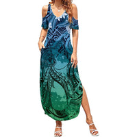 Pacific Beauty Girl Summer Maxi Dress Blue Polyneisan Tribal Vintage Motif LT9 Women Blue - Polynesian Pride