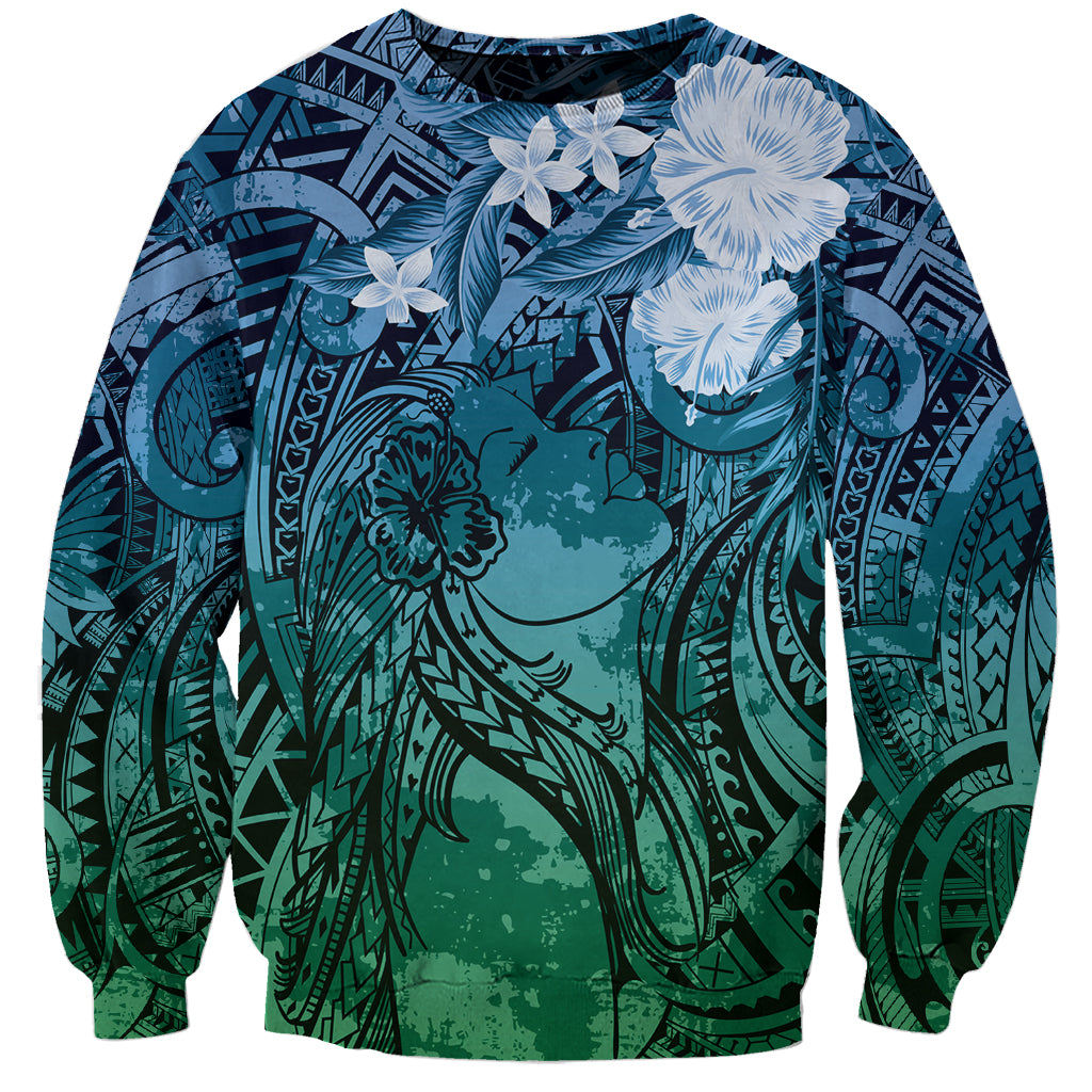 Pacific Beauty Girl Sweatshirt Blue Polyneisan Tribal Vintage Motif