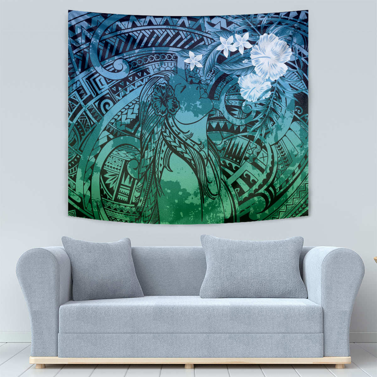 Pacific Beauty Girl Tapestry Blue Polyneisan Tribal Vintage Motif