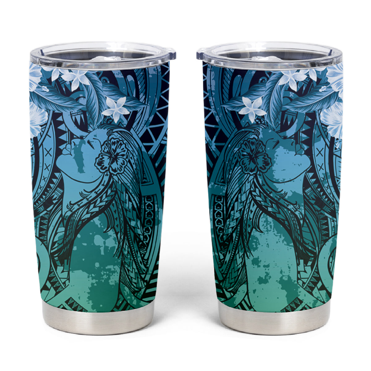 Pacific Beauty Girl Tumbler Cup Blue Polyneisan Tribal Vintage Motif