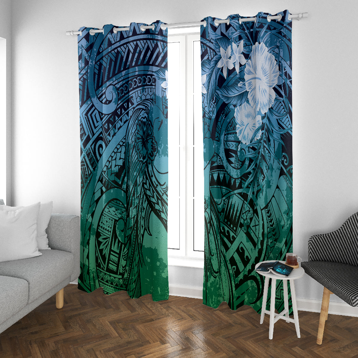 Pacific Beauty Girl Window Curtain Blue Polyneisan Tribal Vintage Motif