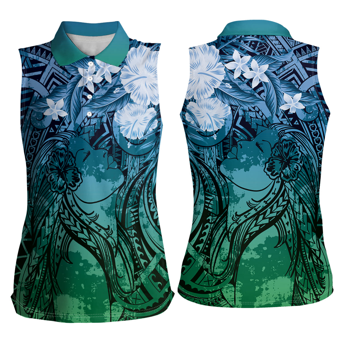 Pacific Beauty Girl Women Sleeveless Polo Shirt Blue Polyneisan Tribal Vintage Motif