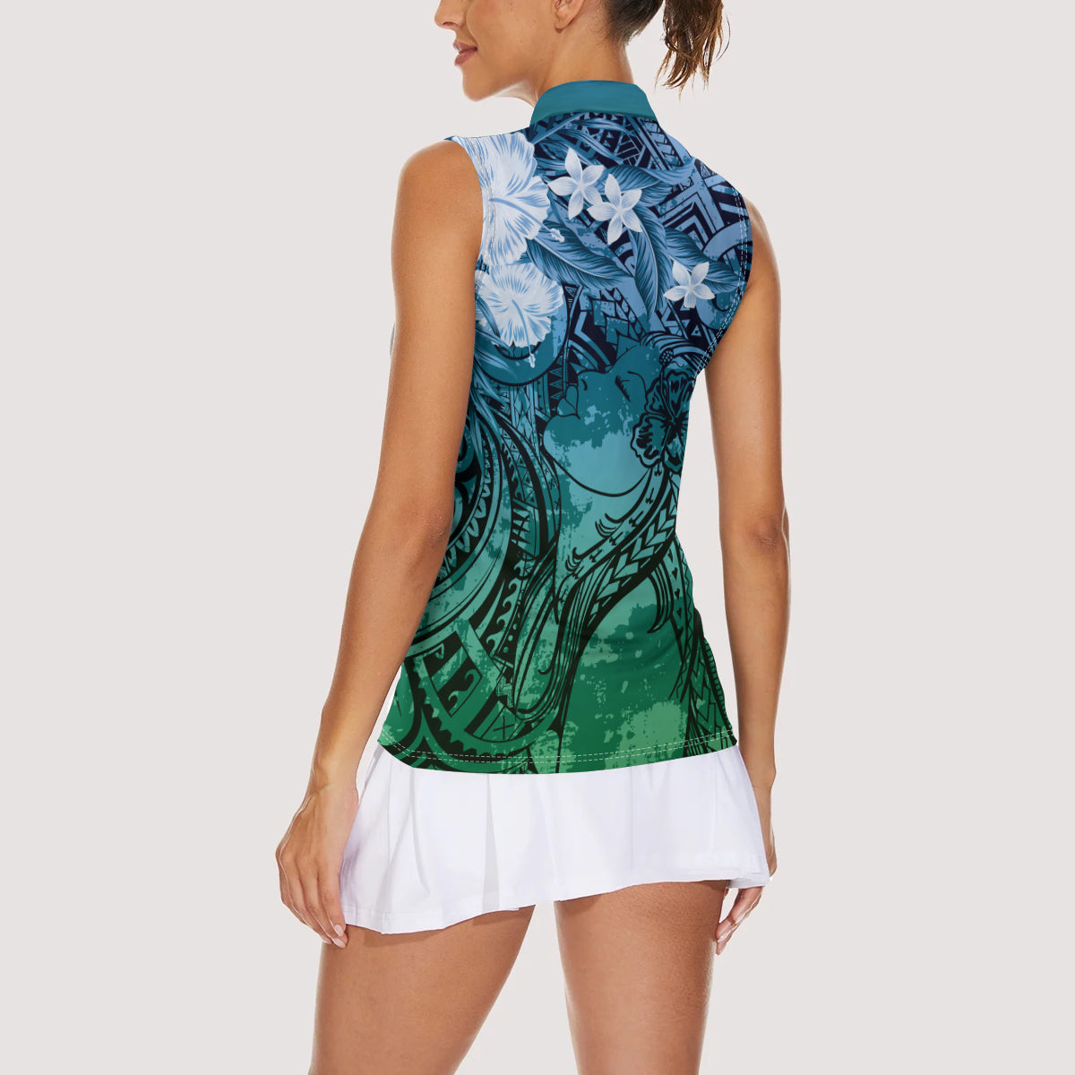 Pacific Beauty Girl Women Sleeveless Polo Shirt Blue Polyneisan Tribal Vintage Motif