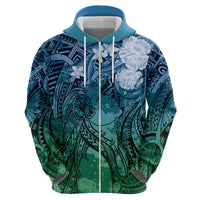 Pacific Beauty Girl Zip Hoodie Blue Polyneisan Tribal Vintage Motif