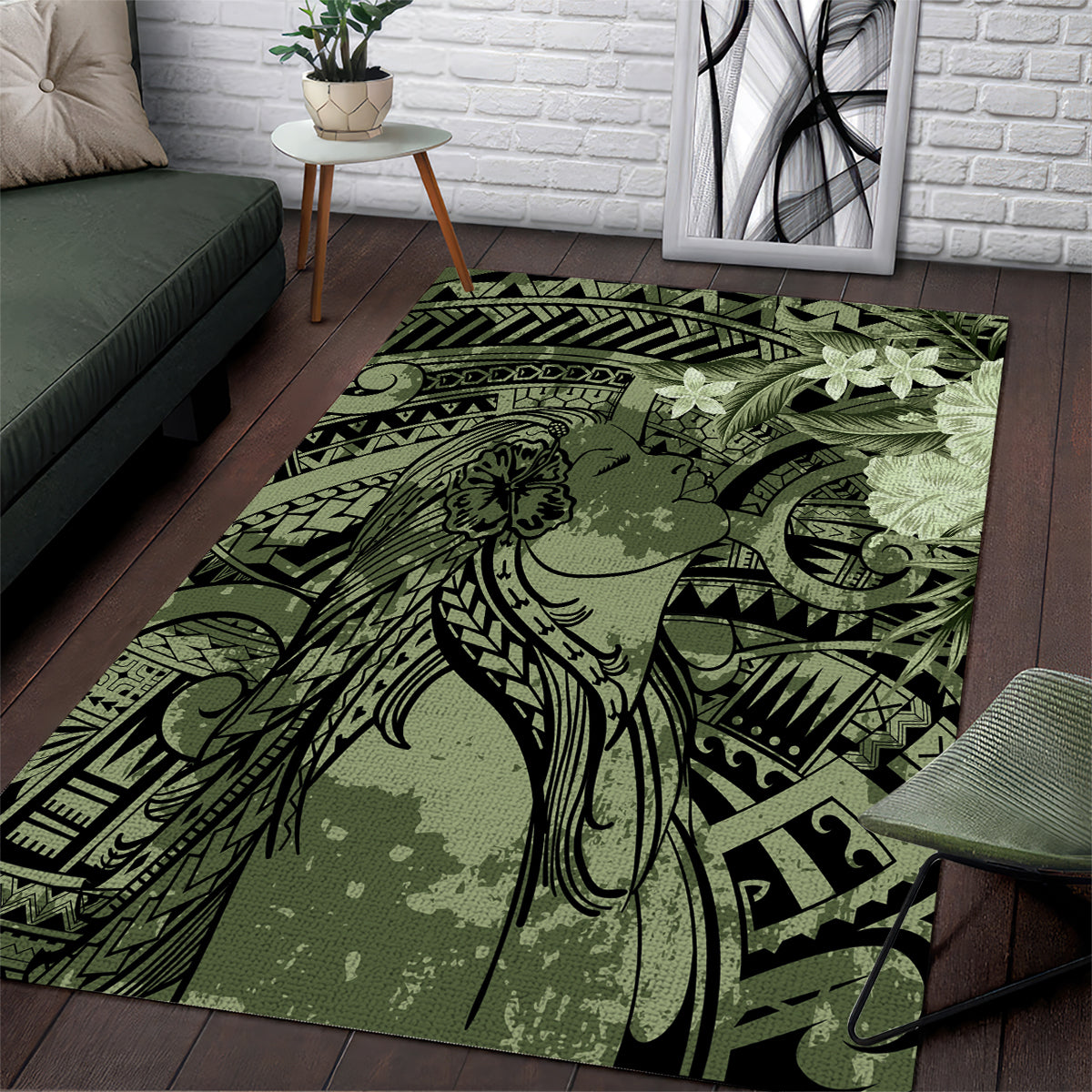 Pacific Beauty Girl Area Rug Green Polyneisan Tribal Vintage Motif