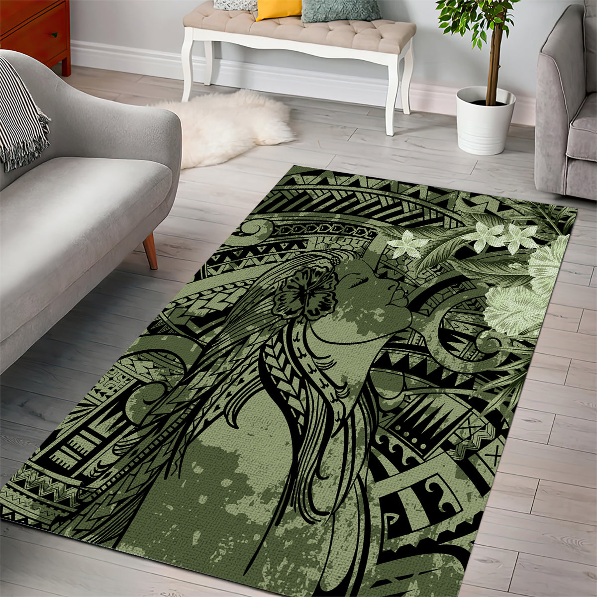 Pacific Beauty Girl Area Rug Green Polyneisan Tribal Vintage Motif