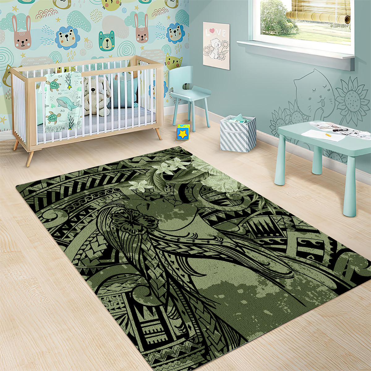 Pacific Beauty Girl Area Rug Green Polyneisan Tribal Vintage Motif