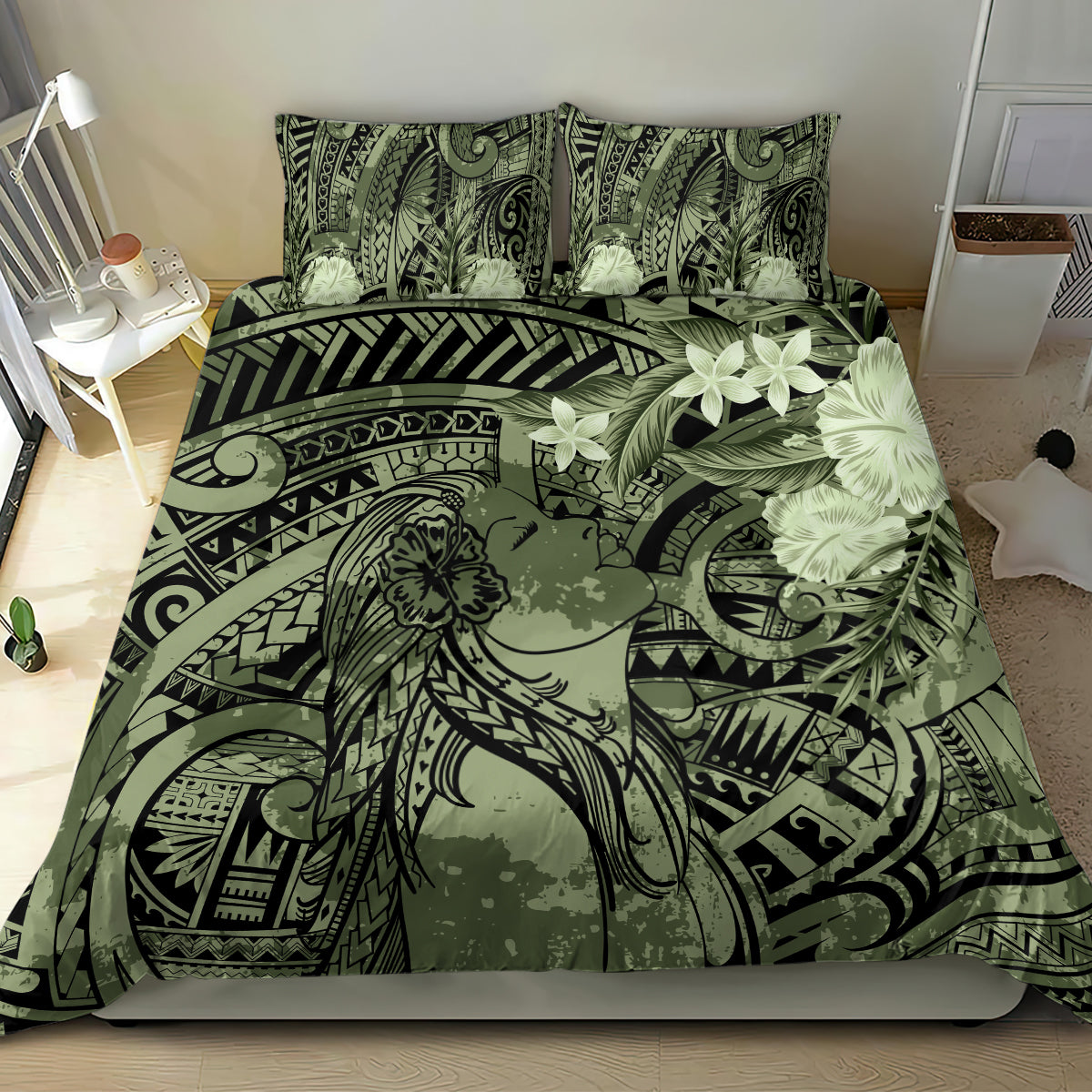 Pacific Beauty Girl Bedding Set Green Polyneisan Tribal Vintage Motif