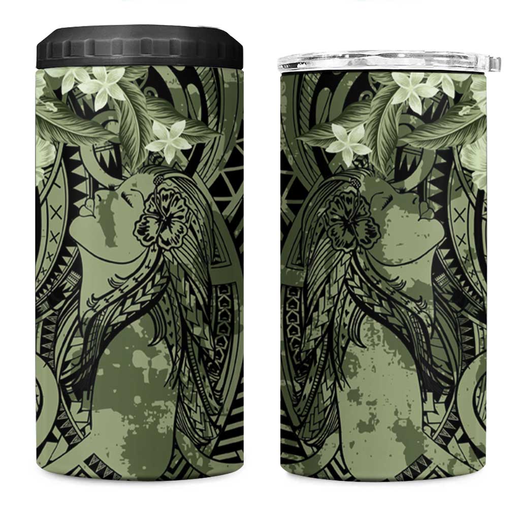 Pacific Beauty Girl 4 in 1 Can Cooler Tumbler Green Polyneisan Tribal Vintage Motif