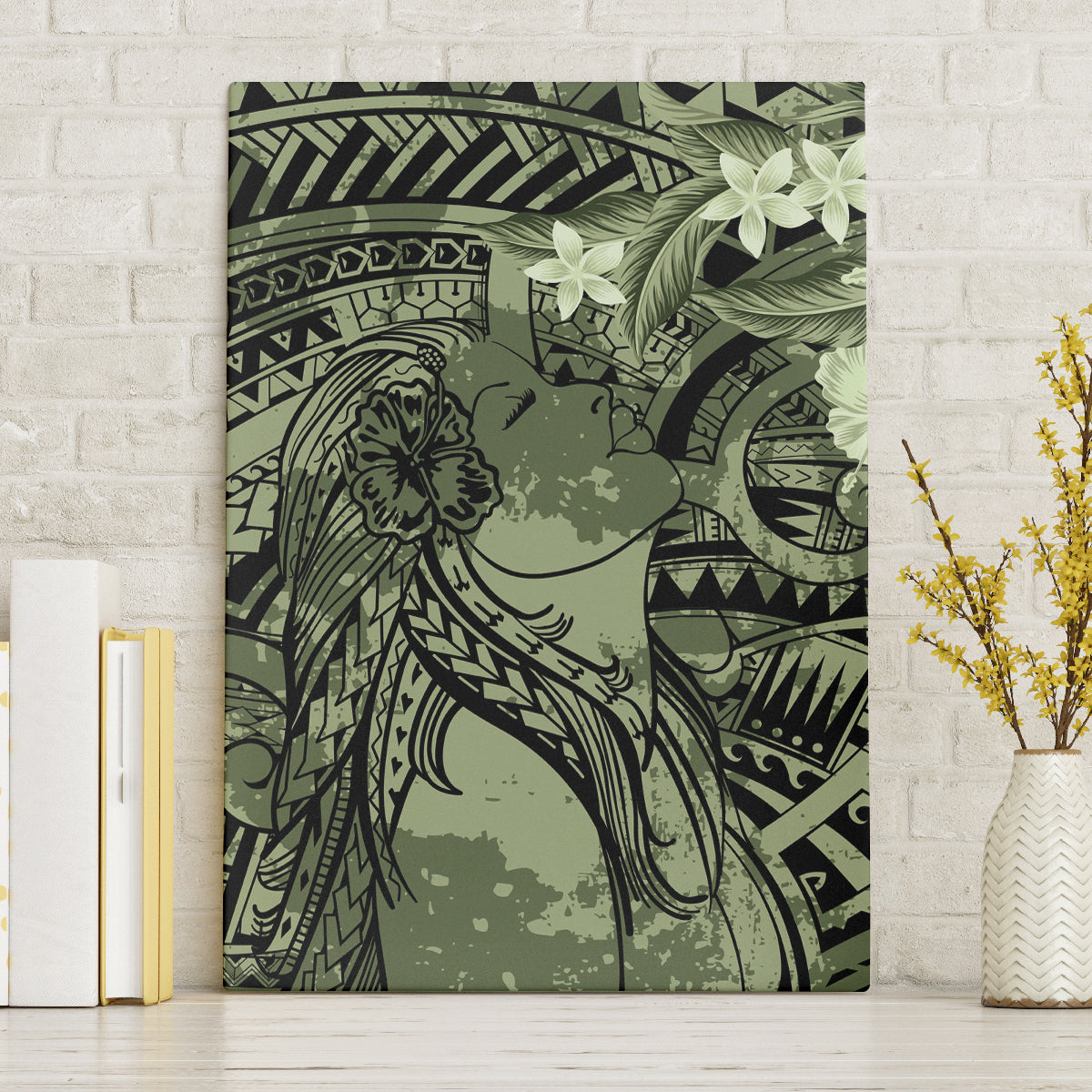 Pacific Beauty Girl Canvas Wall Art Green Polyneisan Tribal Vintage Motif