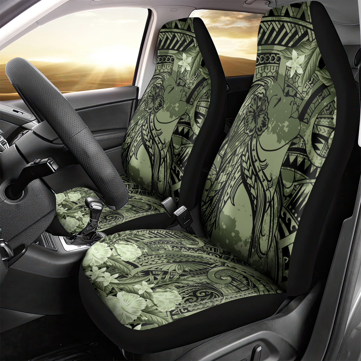 Pacific Beauty Girl Car Seat Cover Green Polyneisan Tribal Vintage Motif