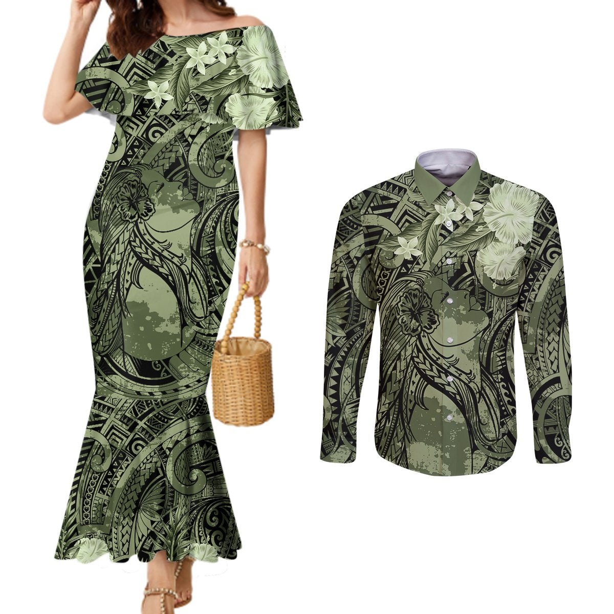 Pacific Beauty Girl Couples Matching Mermaid Dress and Long Sleeve Button Shirt Green Polyneisan Tribal Vintage Motif