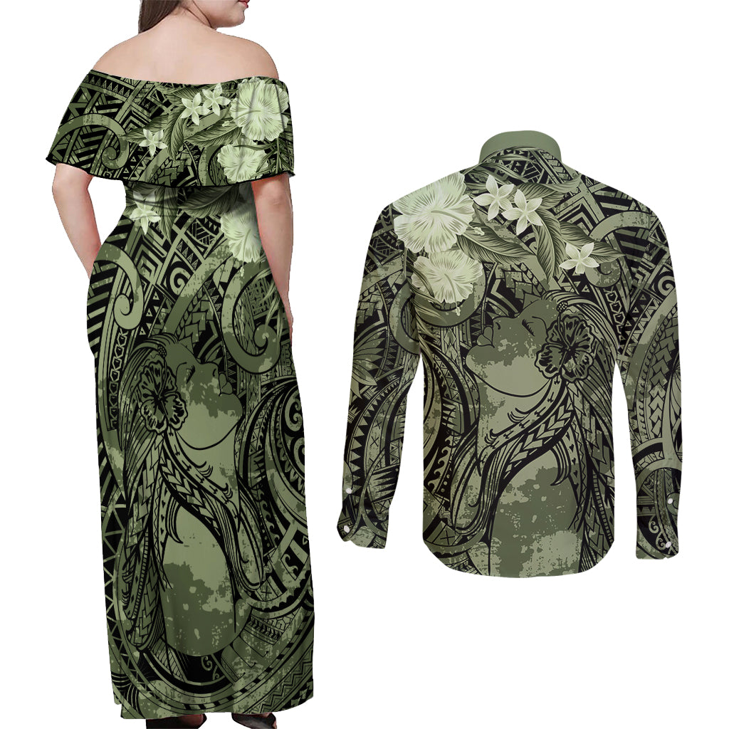 Pacific Beauty Girl Couples Matching Off Shoulder Maxi Dress and Long Sleeve Button Shirt Green Polyneisan Tribal Vintage Motif