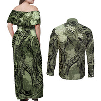 Pacific Beauty Girl Couples Matching Off Shoulder Maxi Dress and Long Sleeve Button Shirt Green Polyneisan Tribal Vintage Motif