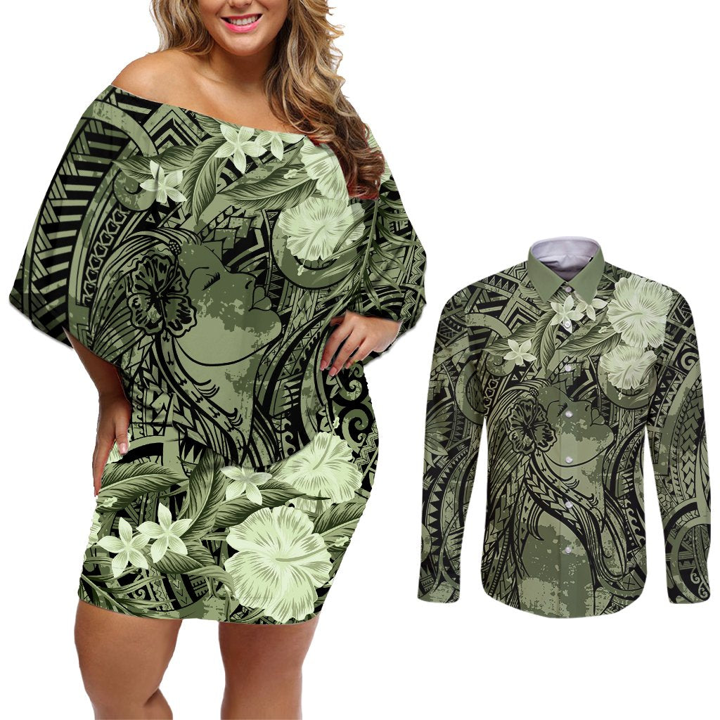 Pacific Beauty Girl Couples Matching Off Shoulder Short Dress and Long Sleeve Button Shirt Green Polyneisan Tribal Vintage Motif