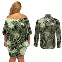 Pacific Beauty Girl Couples Matching Off Shoulder Short Dress and Long Sleeve Button Shirt Green Polyneisan Tribal Vintage Motif