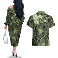 Pacific Beauty Girl Couples Matching Off The Shoulder Long Sleeve Dress and Hawaiian Shirt Green Polyneisan Tribal Vintage Motif