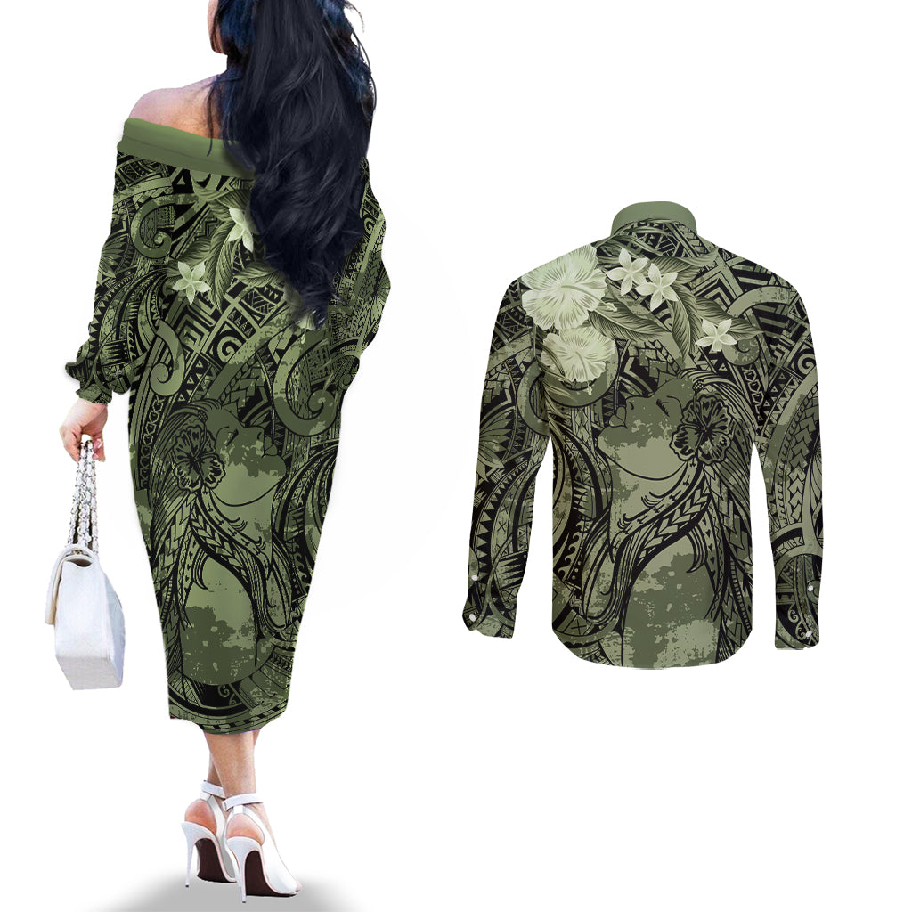 Pacific Beauty Girl Couples Matching Off The Shoulder Long Sleeve Dress and Long Sleeve Button Shirt Green Polyneisan Tribal Vintage Motif LT9 - Polynesian Pride