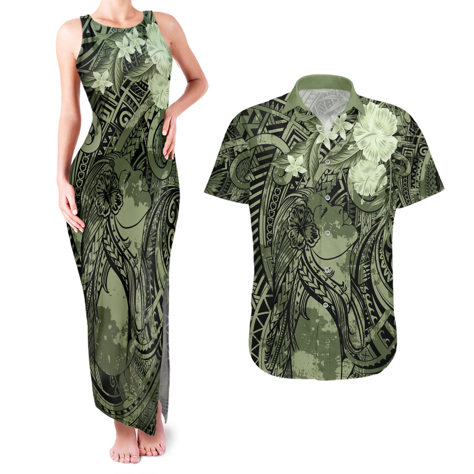 Pacific Beauty Girl Couples Matching Tank Maxi Dress and Hawaiian Shirt Green Polyneisan Tribal Vintage Motif