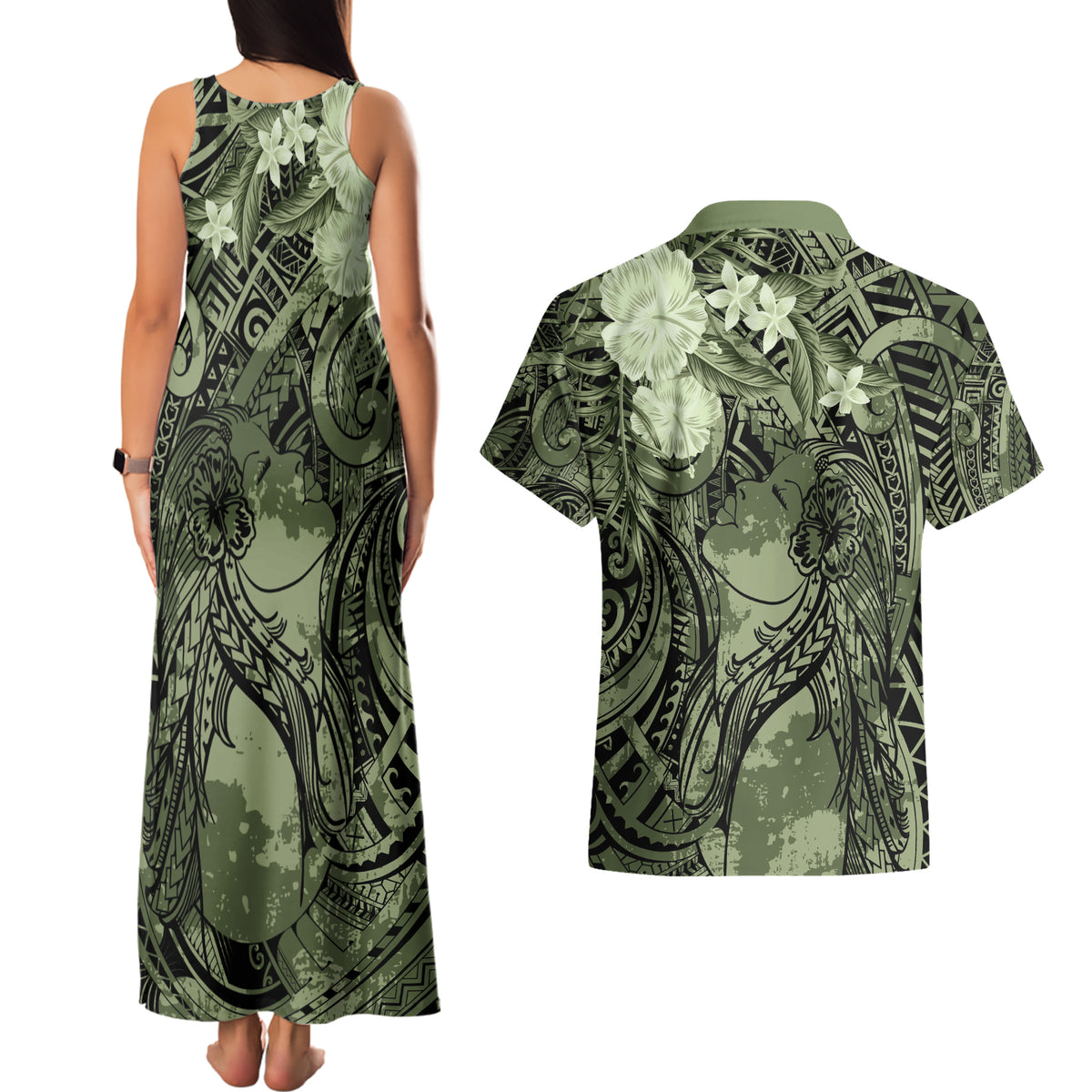 Pacific Beauty Girl Couples Matching Tank Maxi Dress and Hawaiian Shirt Green Polyneisan Tribal Vintage Motif LT9 - Polynesian Pride