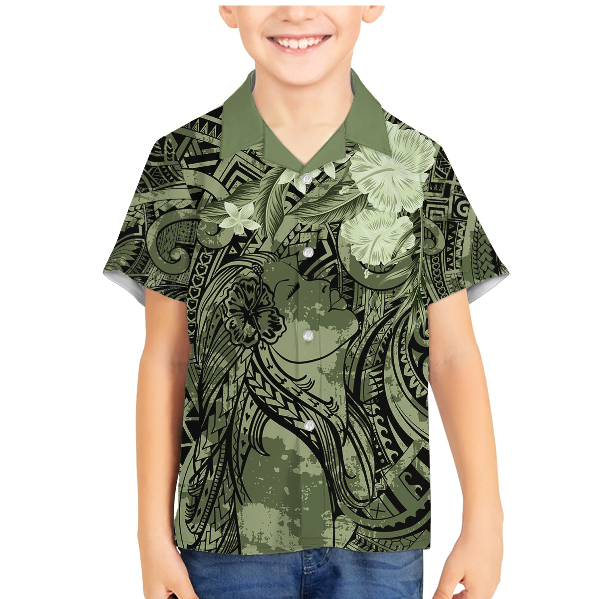 Pacific Beauty Girl Family Matching Mermaid Dress and Hawaiian Shirt Green Polyneisan Tribal Vintage Motif