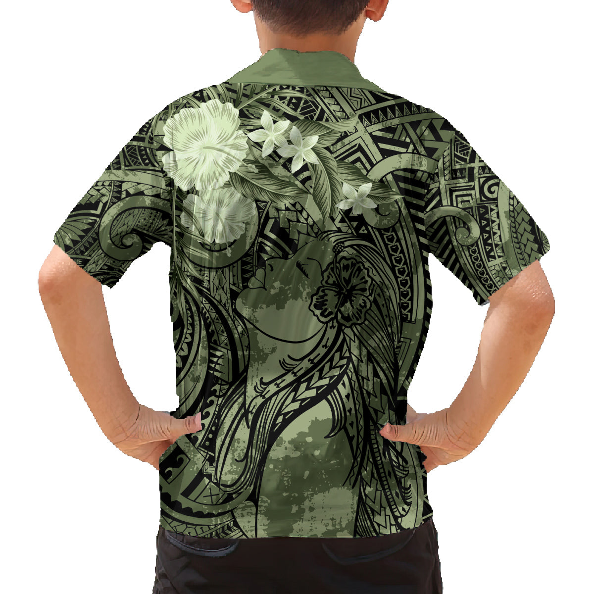 Pacific Beauty Girl Family Matching Puletasi and Hawaiian Shirt Green Polyneisan Tribal Vintage Motif