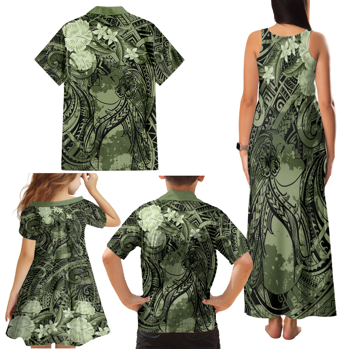 Pacific Beauty Girl Family Matching Tank Maxi Dress and Hawaiian Shirt Green Polyneisan Tribal Vintage Motif