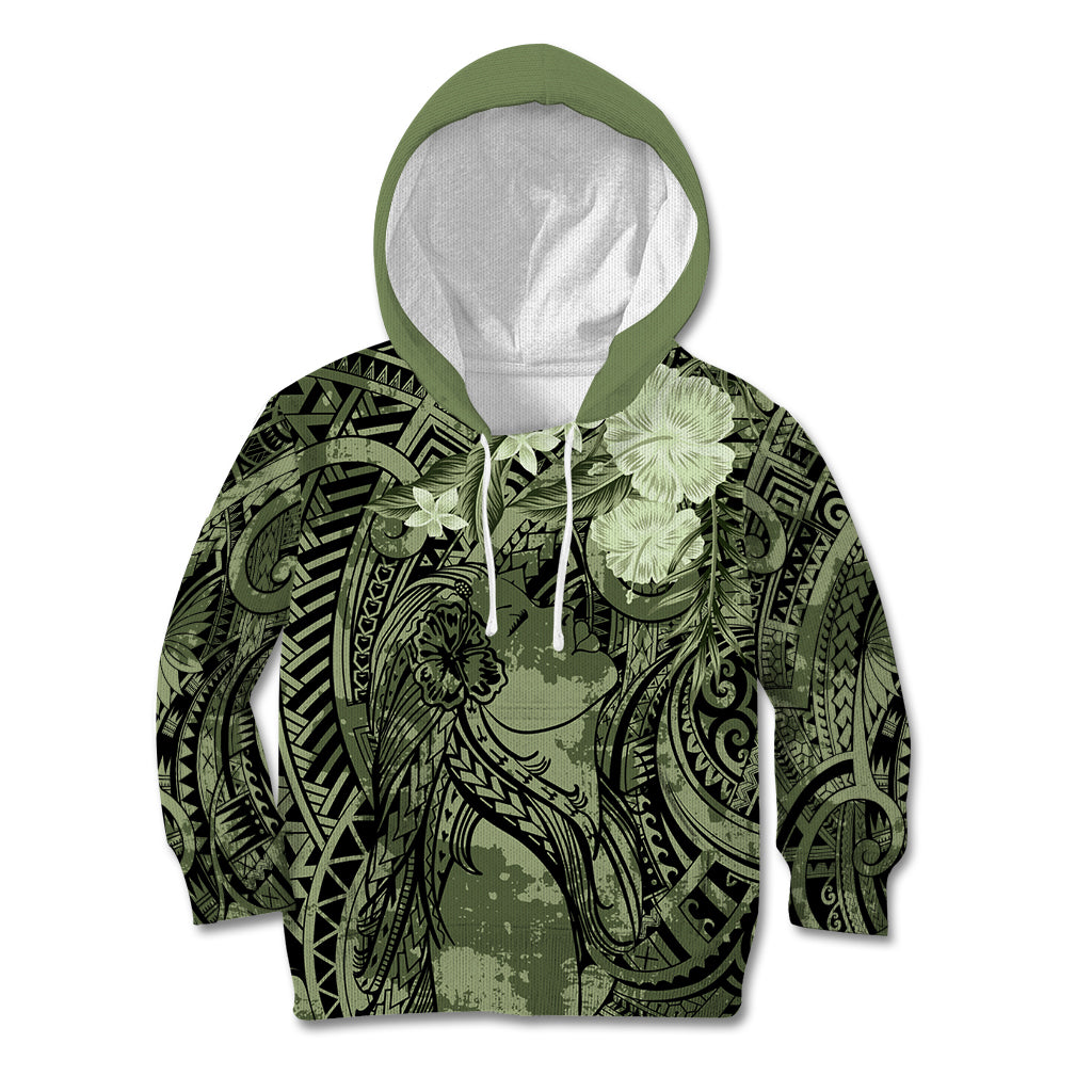 Pacific Beauty Girl Kid Hoodie Green Polyneisan Tribal Vintage Motif