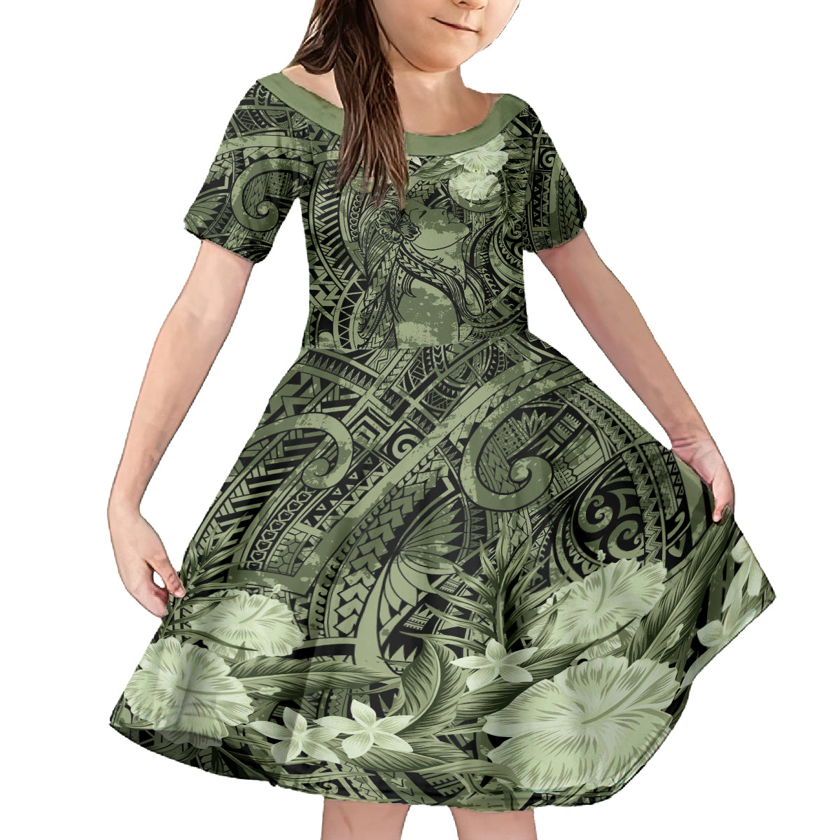Pacific Beauty Girl Kid Short Sleeve Dress Green Polyneisan Tribal Vintage Motif