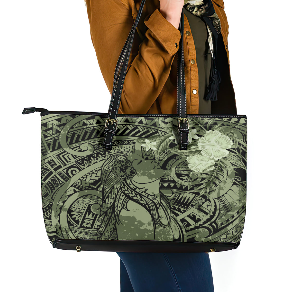 Pacific Beauty Girl Leather Tote Bag Green Polyneisan Tribal Vintage Motif LT9 - Polynesian Pride