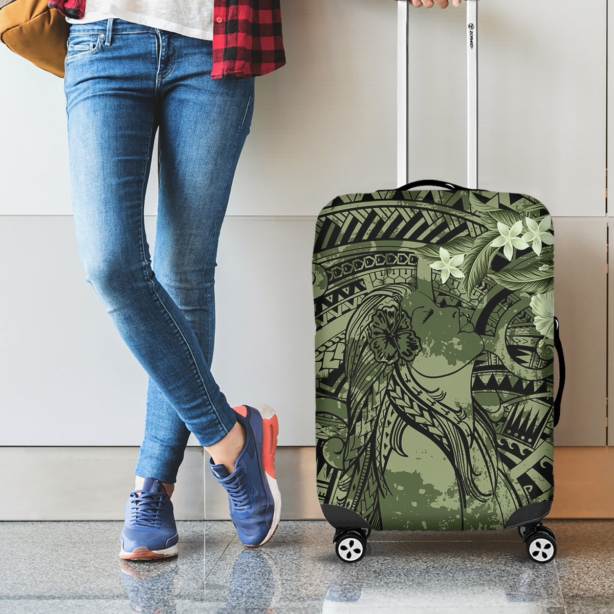 Pacific Beauty Girl Luggage Cover Green Polyneisan Tribal Vintage Motif