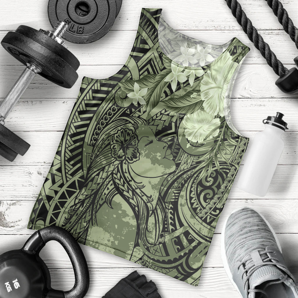 Pacific Beauty Girl Men Tank Top Green Polyneisan Tribal Vintage Motif LT9 - Polynesian Pride