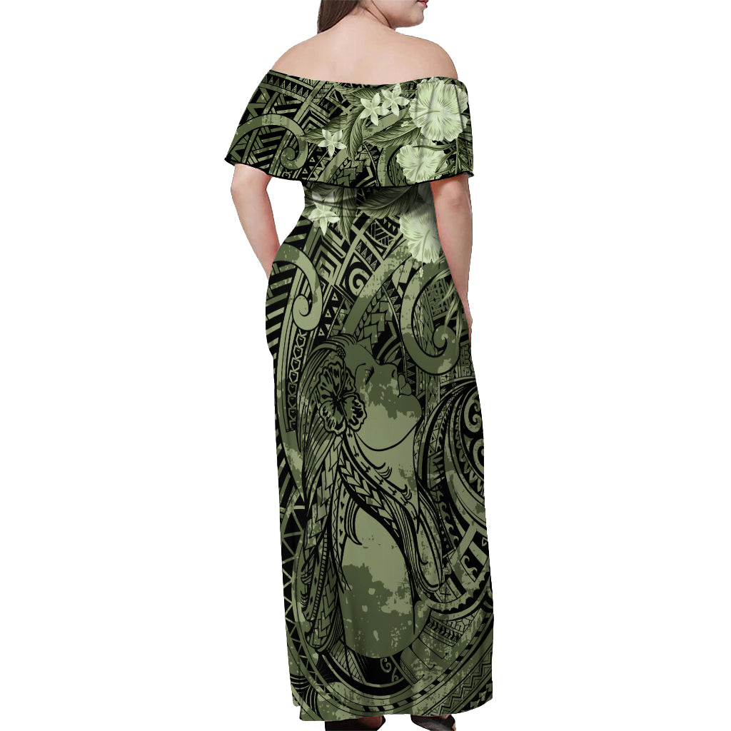 Pacific Beauty Girl Off Shoulder Maxi Dress Green Polyneisan Tribal Vintage Motif LT9 - Polynesian Pride