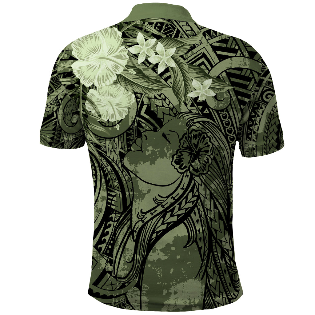 Pacific Beauty Girl Polo Shirt Green Polyneisan Tribal Vintage Motif