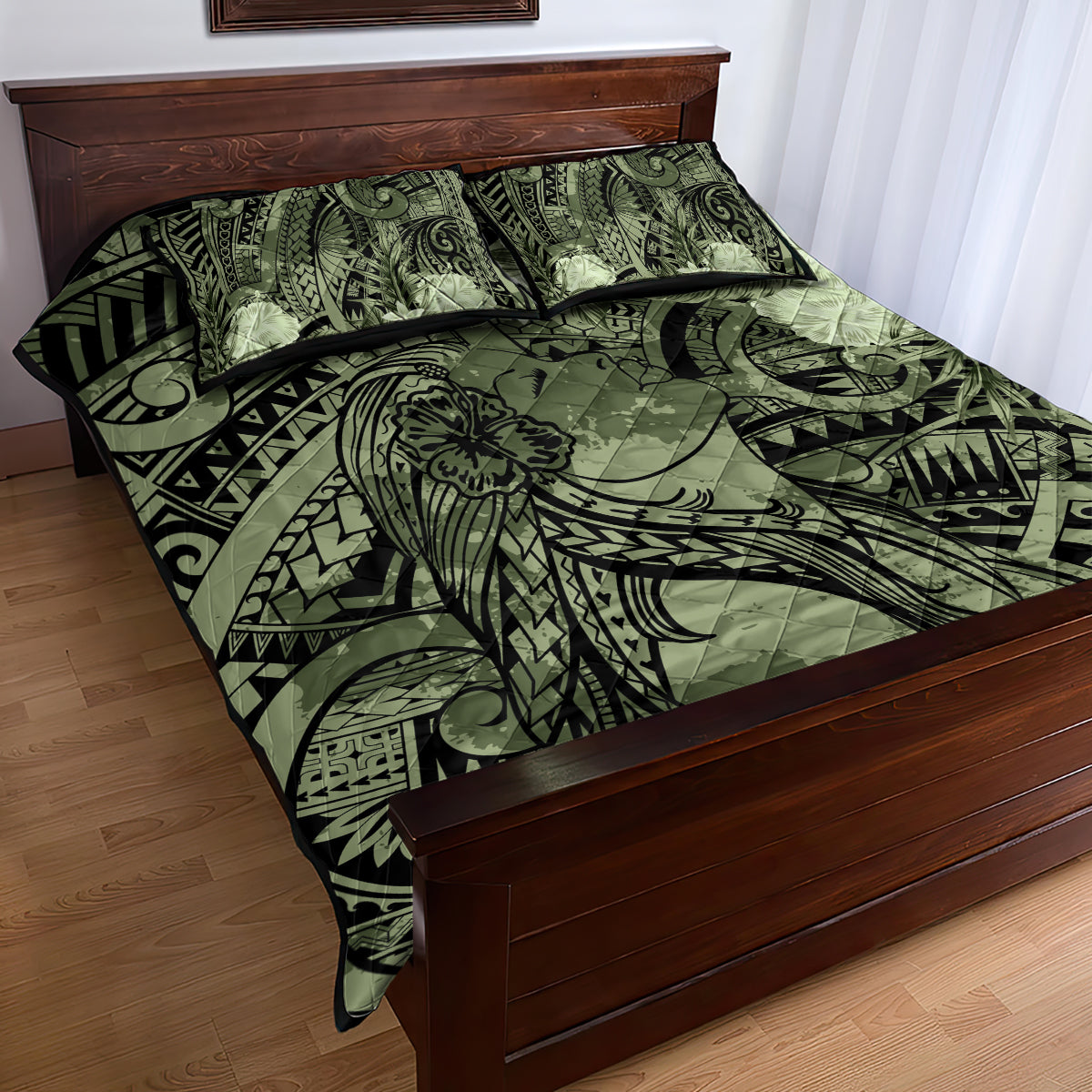 Pacific Beauty Girl Quilt Bed Set Green Polyneisan Tribal Vintage Motif