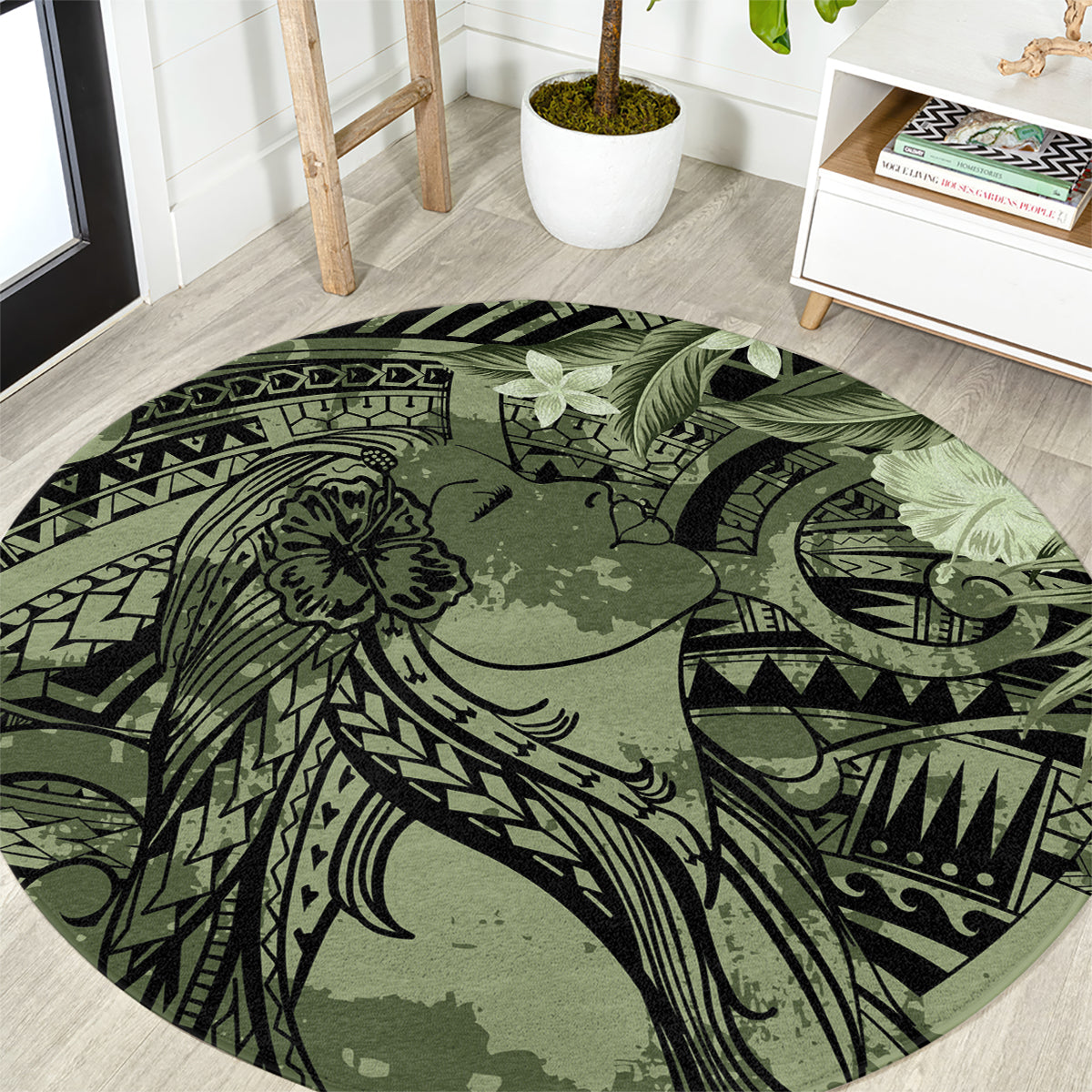 Pacific Beauty Girl Round Carpet Green Polyneisan Tribal Vintage Motif