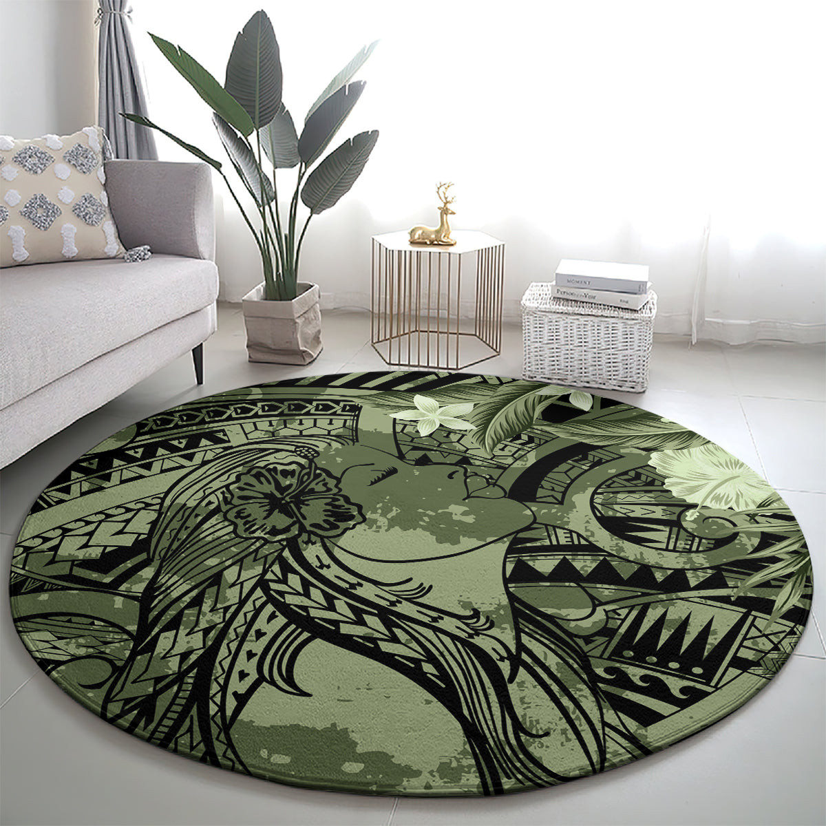 Pacific Beauty Girl Round Carpet Green Polyneisan Tribal Vintage Motif