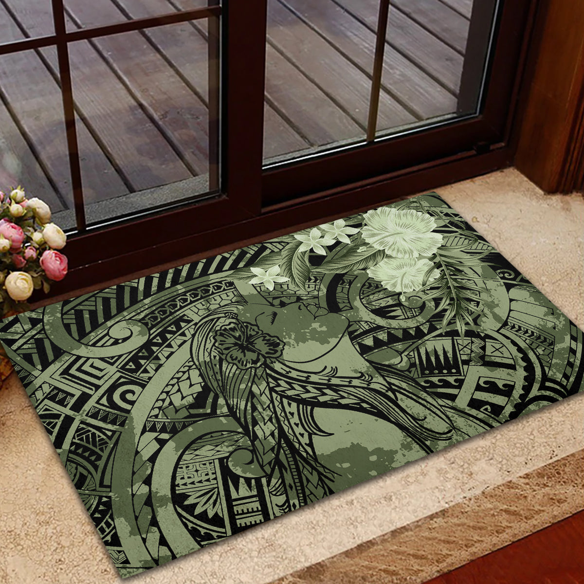 Pacific Beauty Girl Rubber Doormat Green Polyneisan Tribal Vintage Motif
