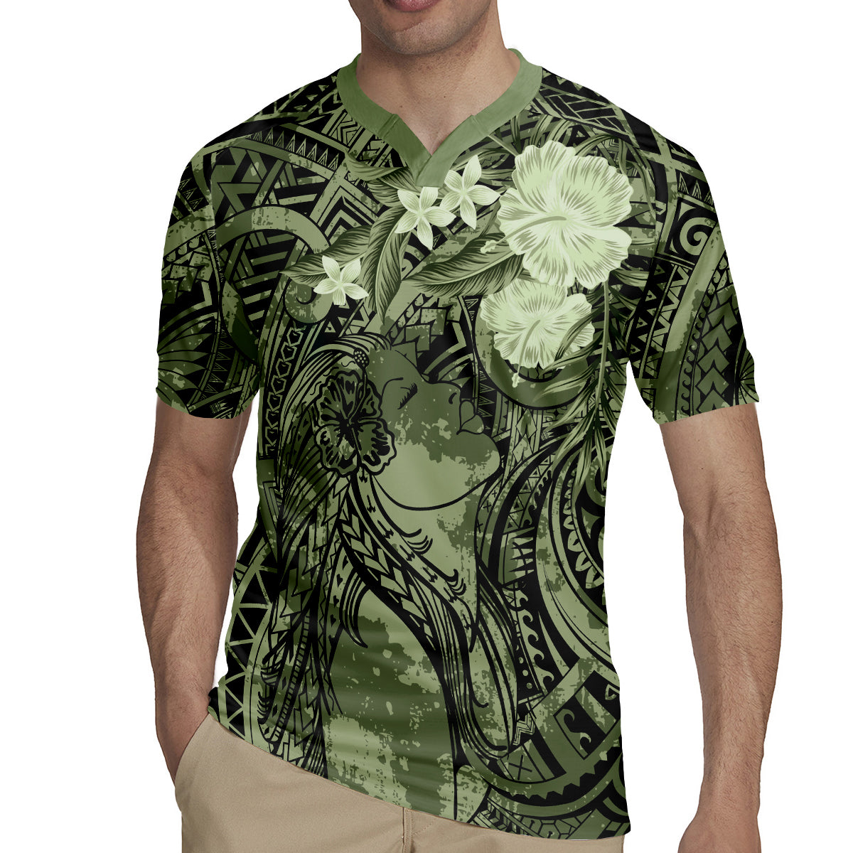 Pacific Beauty Girl Rugby Jersey Green Polyneisan Tribal Vintage Motif