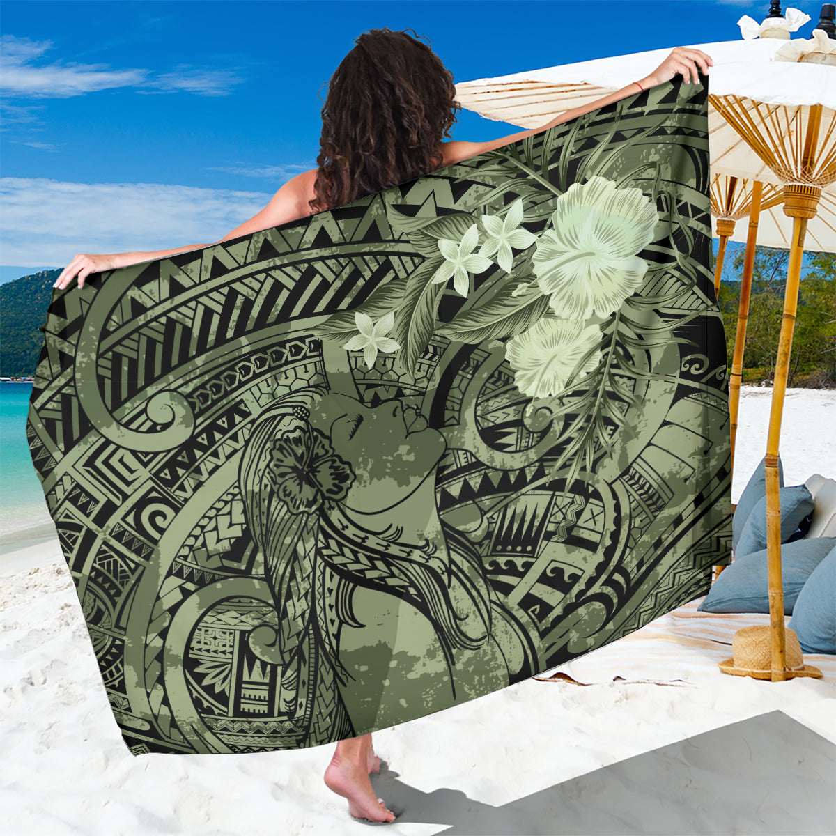 Pacific Beauty Girl Sarong Green Polyneisan Tribal Vintage Motif