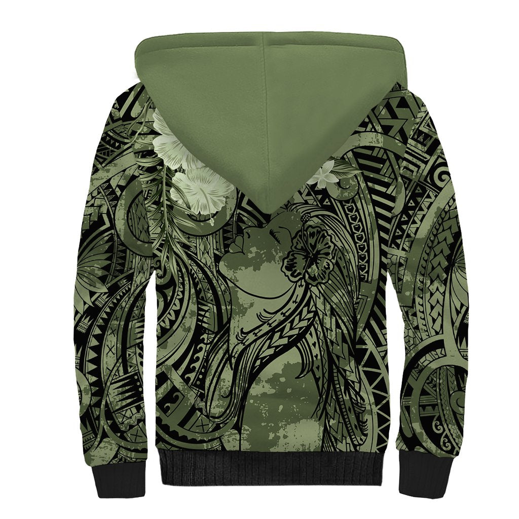 Pacific Beauty Girl Sherpa Hoodie Green Polyneisan Tribal Vintage Motif