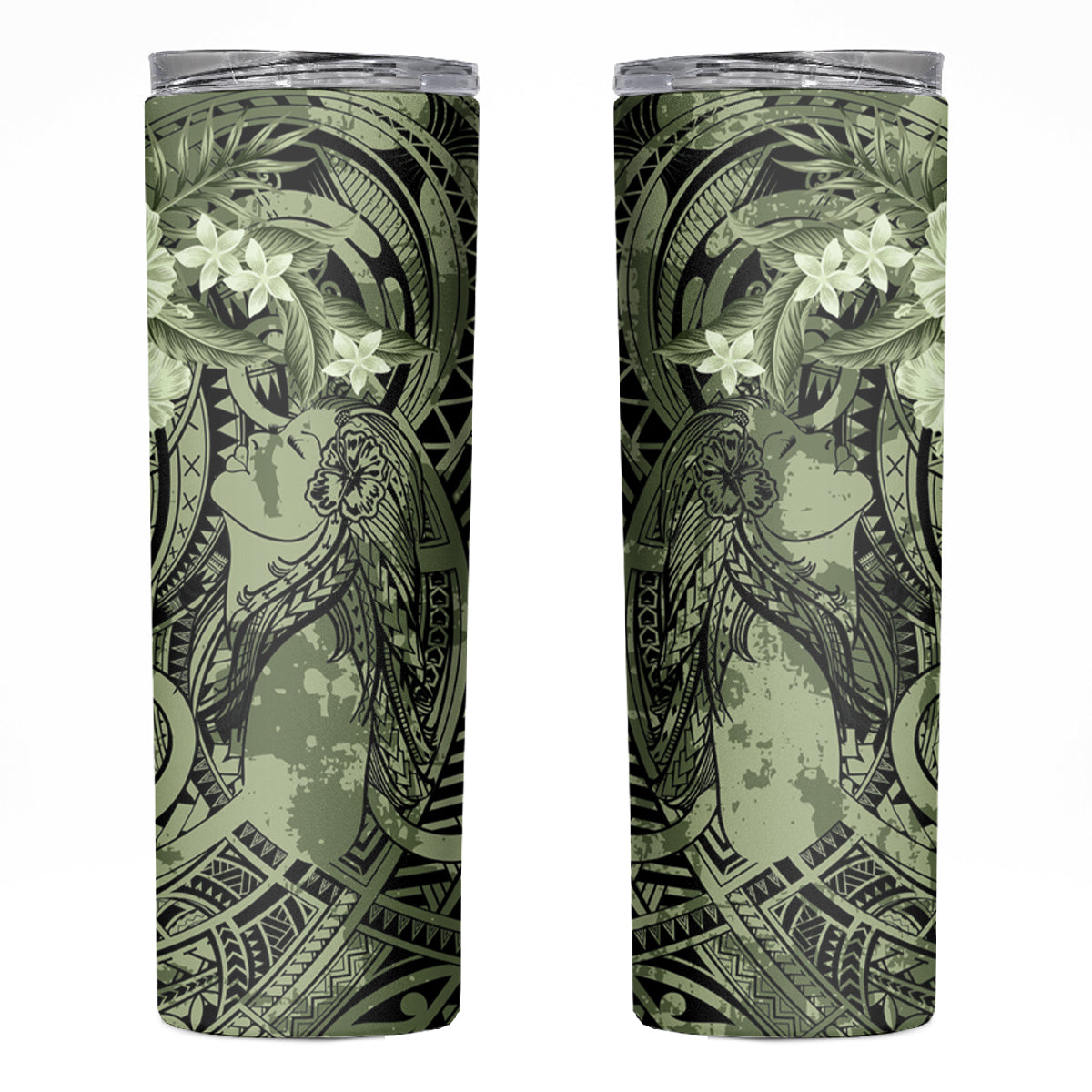 Pacific Beauty Girl Skinny Tumbler Green Polyneisan Tribal Vintage Motif