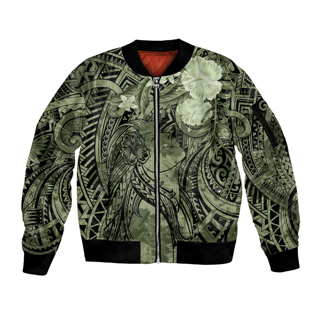Pacific Beauty Girl Sleeve Zip Bomber Jacket Green Polyneisan Tribal Vintage Motif