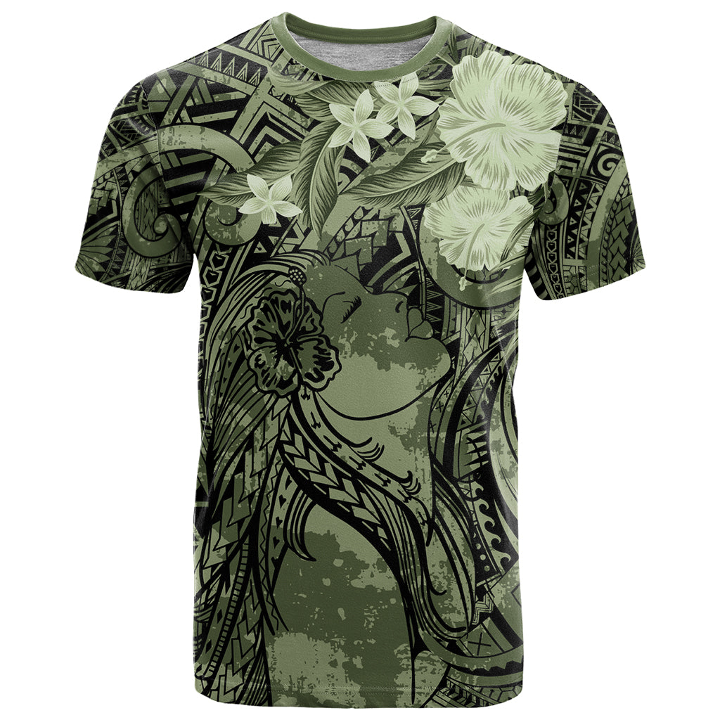 Pacific Beauty Girl T Shirt Green Polyneisan Tribal Vintage Motif LT9 Green - Polynesian Pride