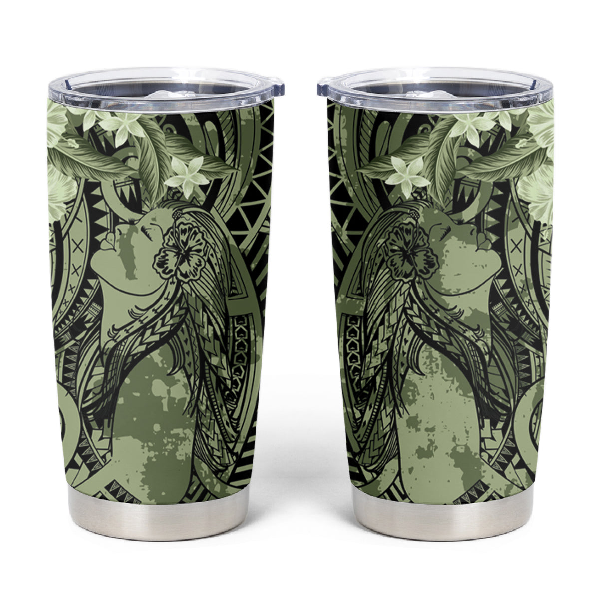 Pacific Beauty Girl Tumbler Cup Green Polyneisan Tribal Vintage Motif