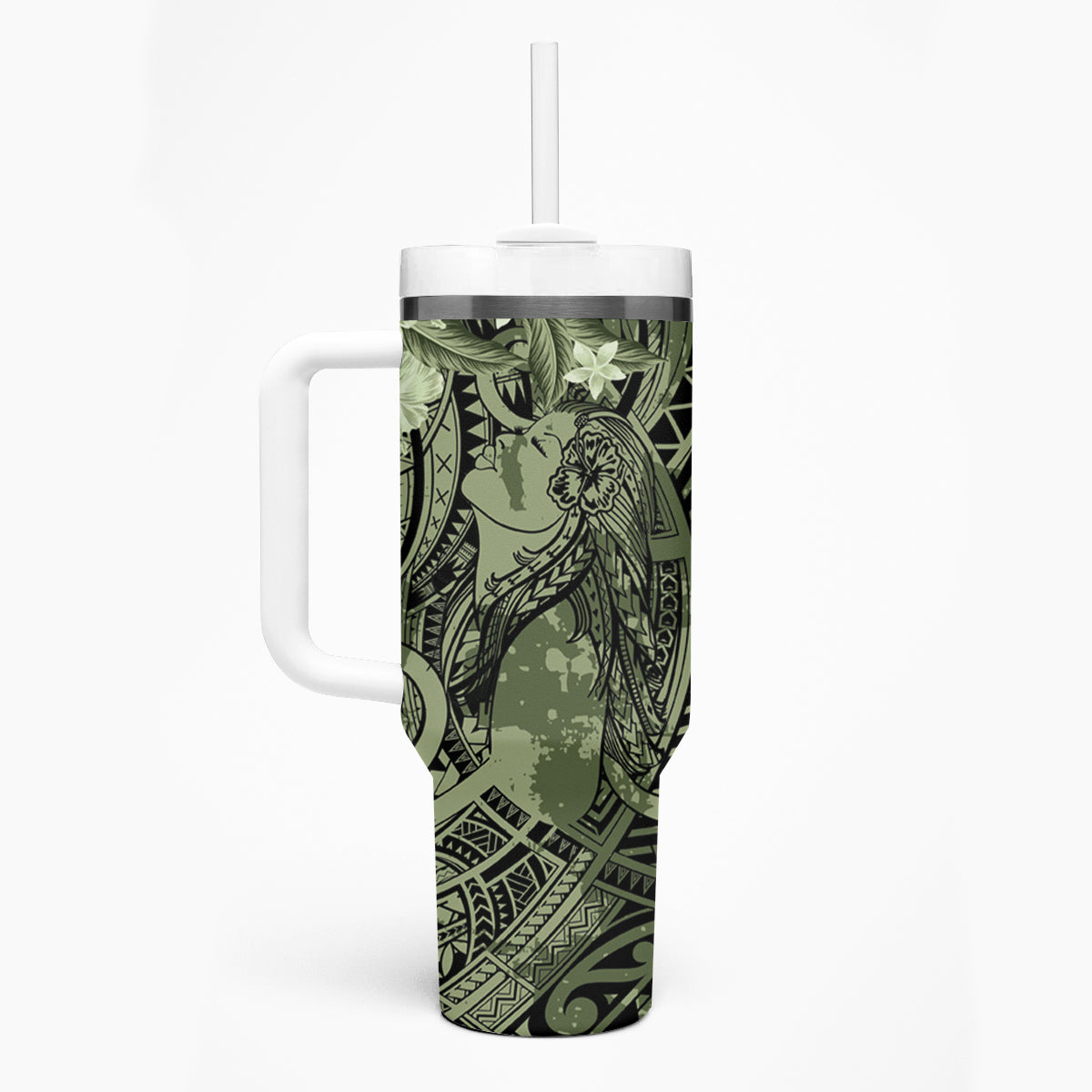 Pacific Beauty Girl Tumbler With Handle Green Polyneisan Tribal Vintage Motif