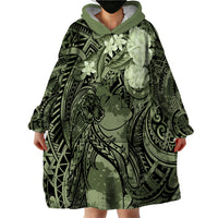 Pacific Beauty Girl Wearable Blanket Hoodie Green Polyneisan Tribal Vintage Motif