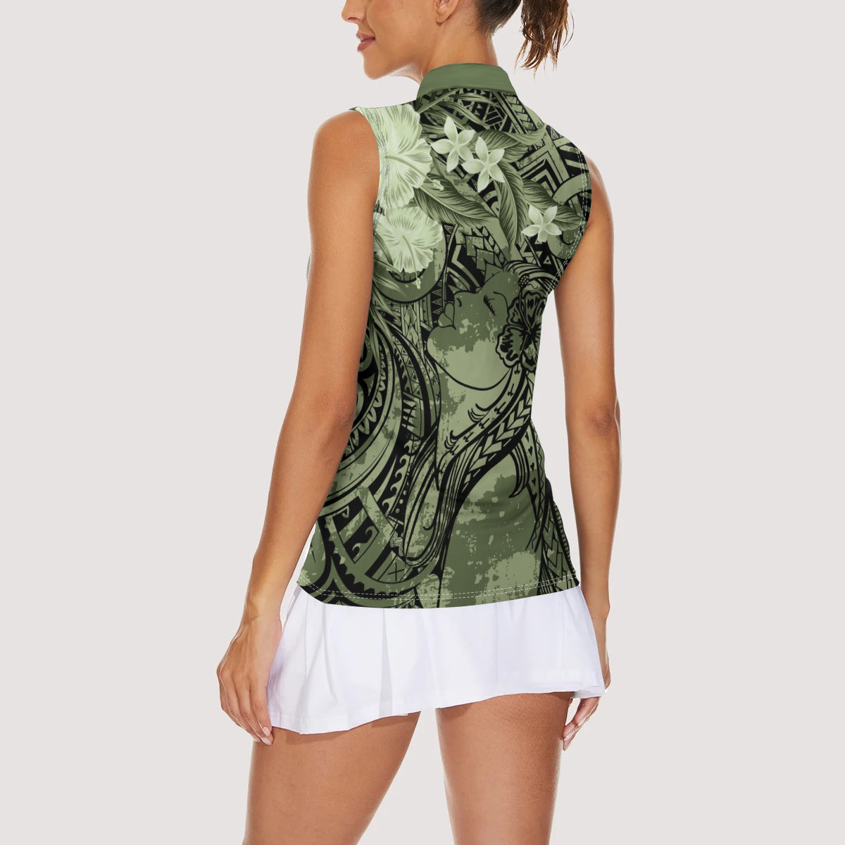 Pacific Beauty Girl Women Sleeveless Polo Shirt Green Polyneisan Tribal Vintage Motif LT9 - Polynesian Pride
