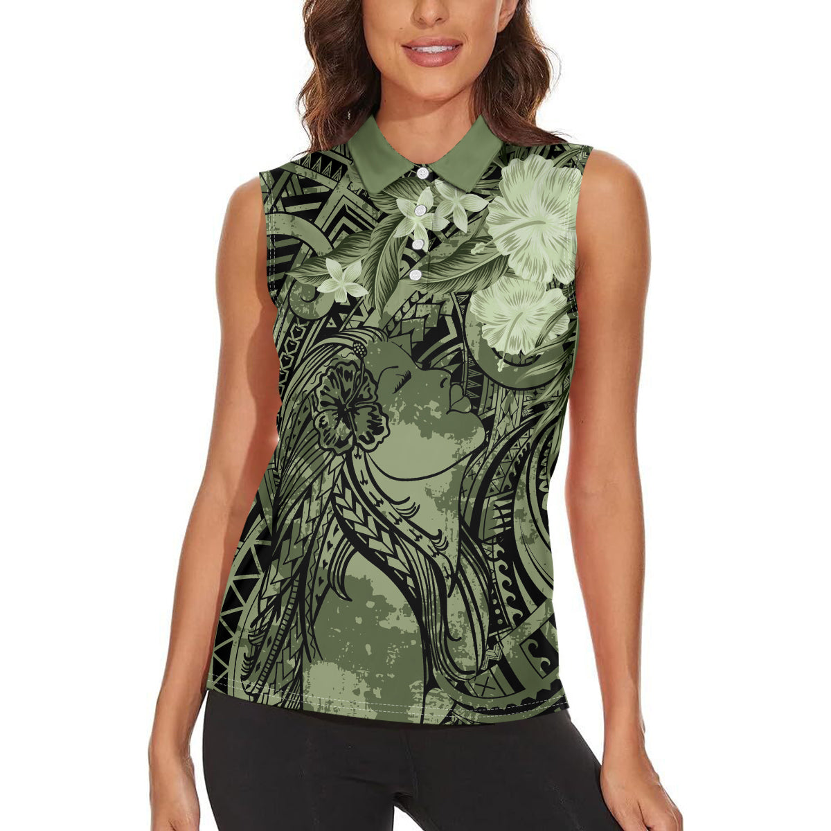Pacific Beauty Girl Women Sleeveless Polo Shirt Green Polyneisan Tribal Vintage Motif LT9 - Polynesian Pride
