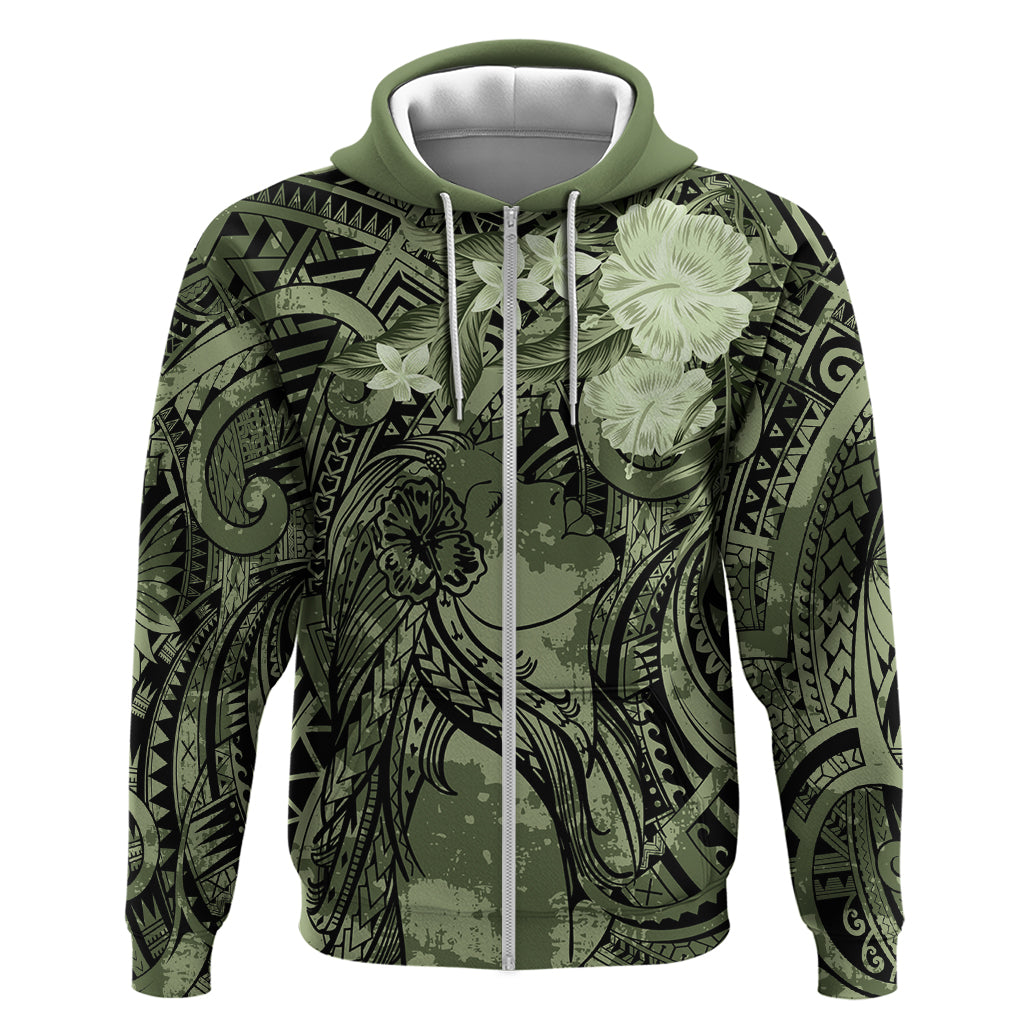 Pacific Beauty Girl Zip Hoodie Green Polyneisan Tribal Vintage Motif